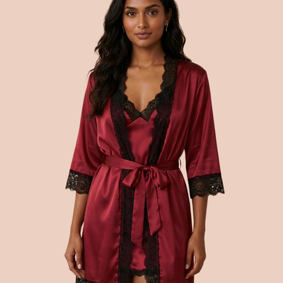 Noir four-piece bridal lingerie set, slip dress, sheer robe, camisole and shorts, in red, worn by a model, SHAPE