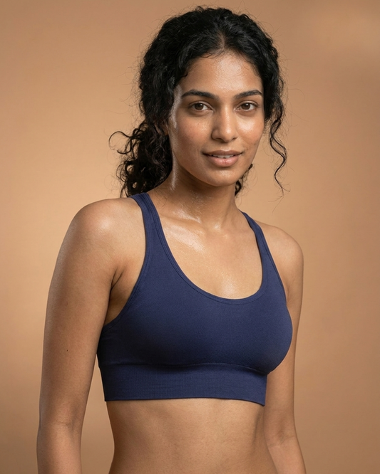 Easy Fit Sports Bra in Navy Blue, front view, worn by a model, SHAPE Lingerie