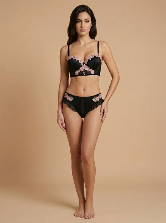 Floral Bra Set in black floral embroidery, worn by a model, front view — SHAPE Lingerie