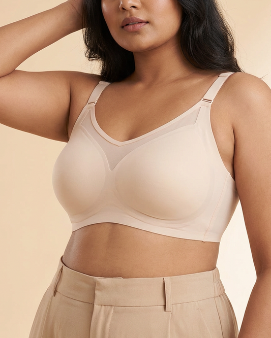 Mesh Minimizer Bra in Beige, back view — SHAPE Lingerie