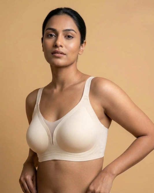VLite Seamless Bra in Beige worn by a model, front view, SHAPE Lingerie