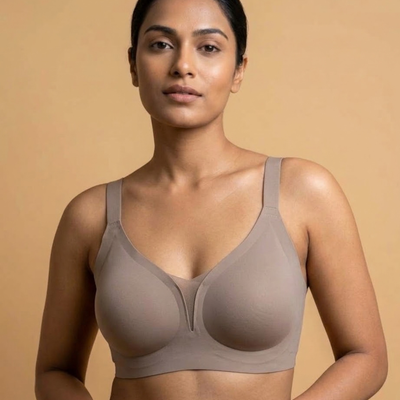 VLite Seamless Bra in Coffee worn by a model, front view, SHAPE Lingerie