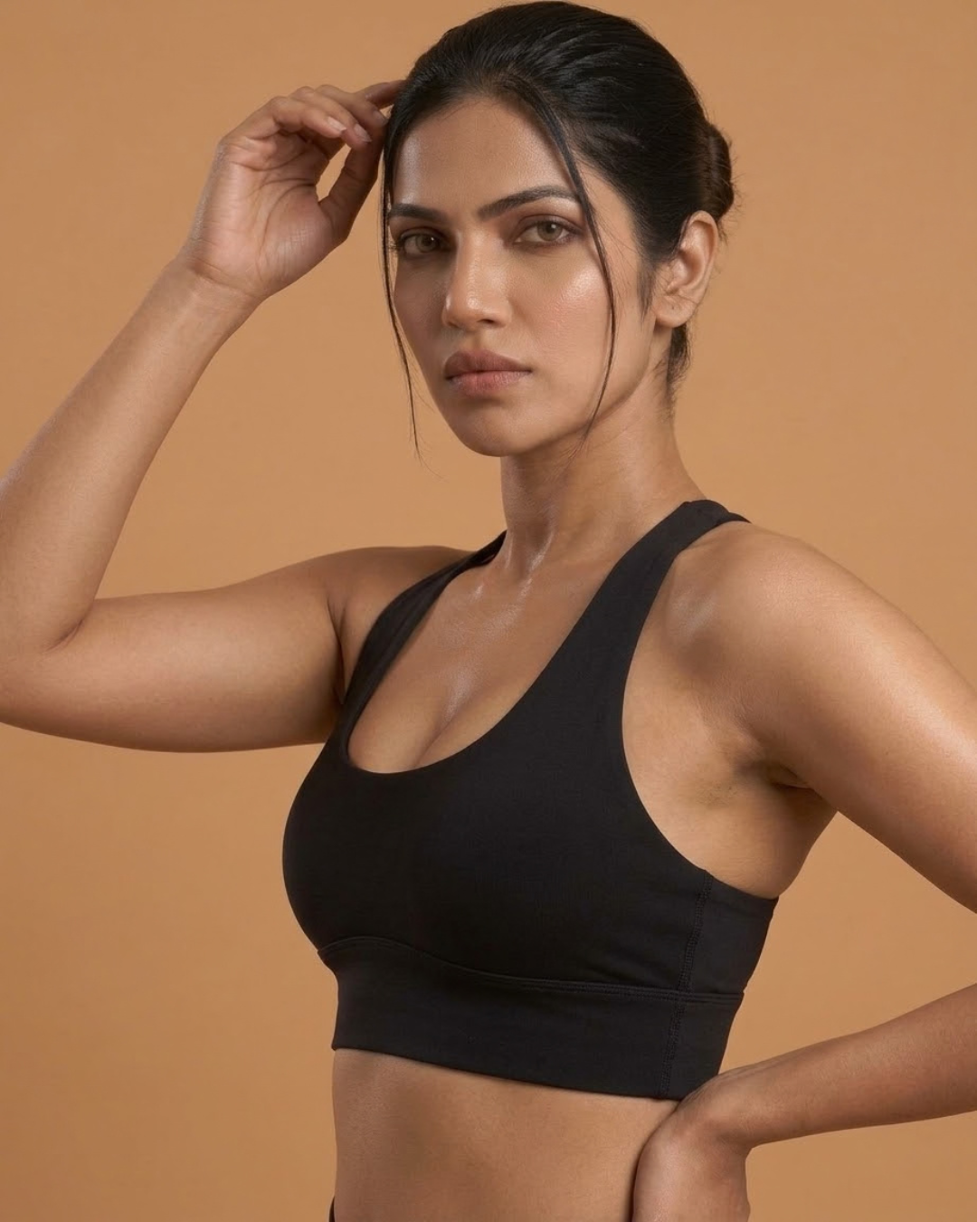Power Sculpt Sports Bra in Black on a model, SHAPE Lingerie