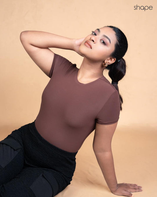 Seamless Sculpting Bodysuit - Half Sleeve in Beige