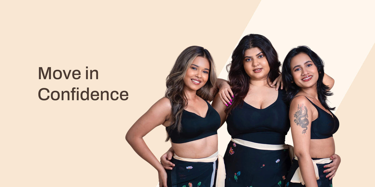 Three women in black SHAPE seamless bras with the words Move in confidence