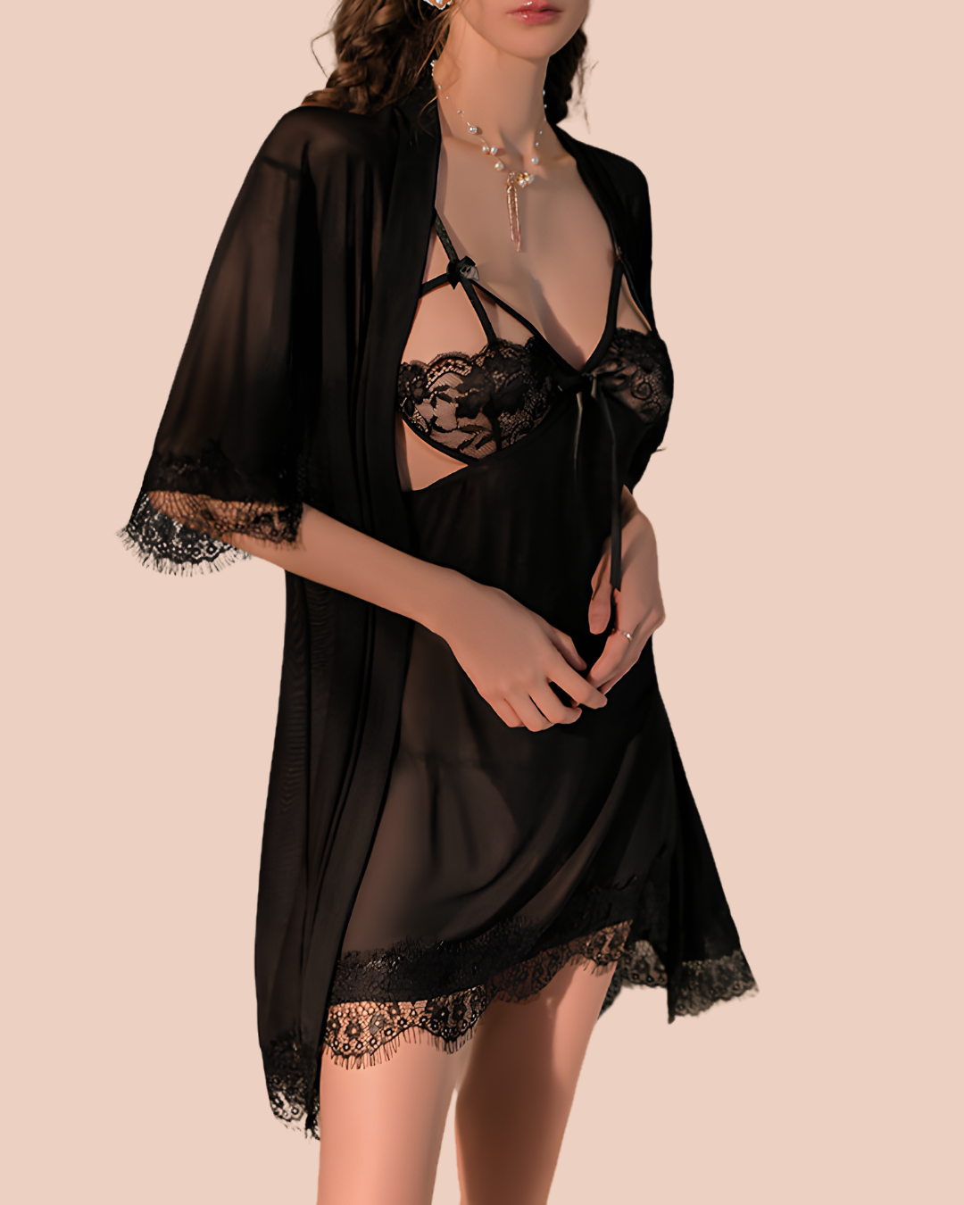 Amore Noir lace night dress with matching sheer robe, worn by a model, SHAPE