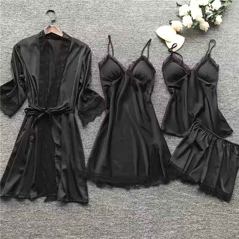 Noir four-piece bridal lingerie set, slip dress, sheer robe, camisole and shorts, worn by a model, SHAPE