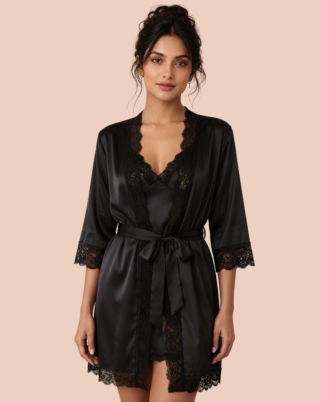 Noir four-piece bridal lingerie set, slip dress, sheer robe, camisole and shorts, in black, worn by a model, SHAPE
