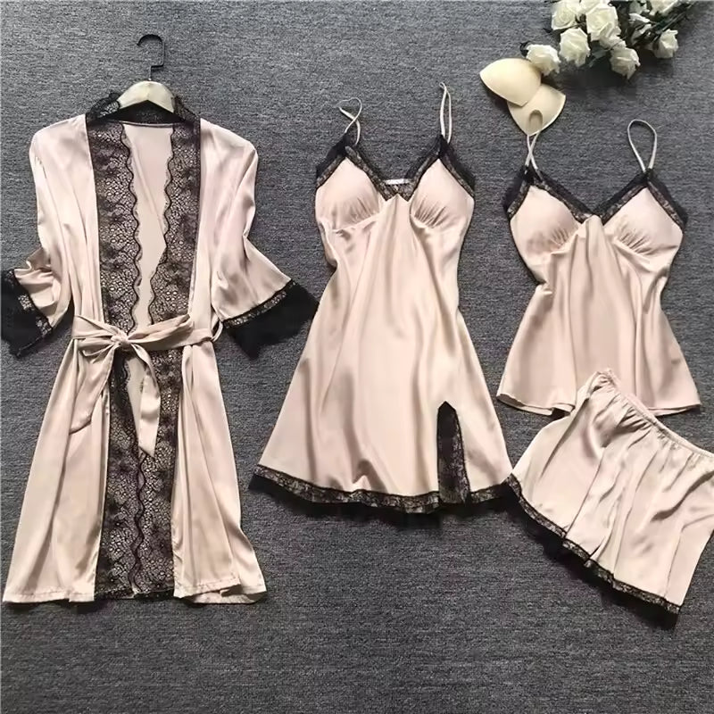 Noir four-piece bridal lingerie set, slip dress, sheer robe, camisole and shorts, worn by a model, SHAPE