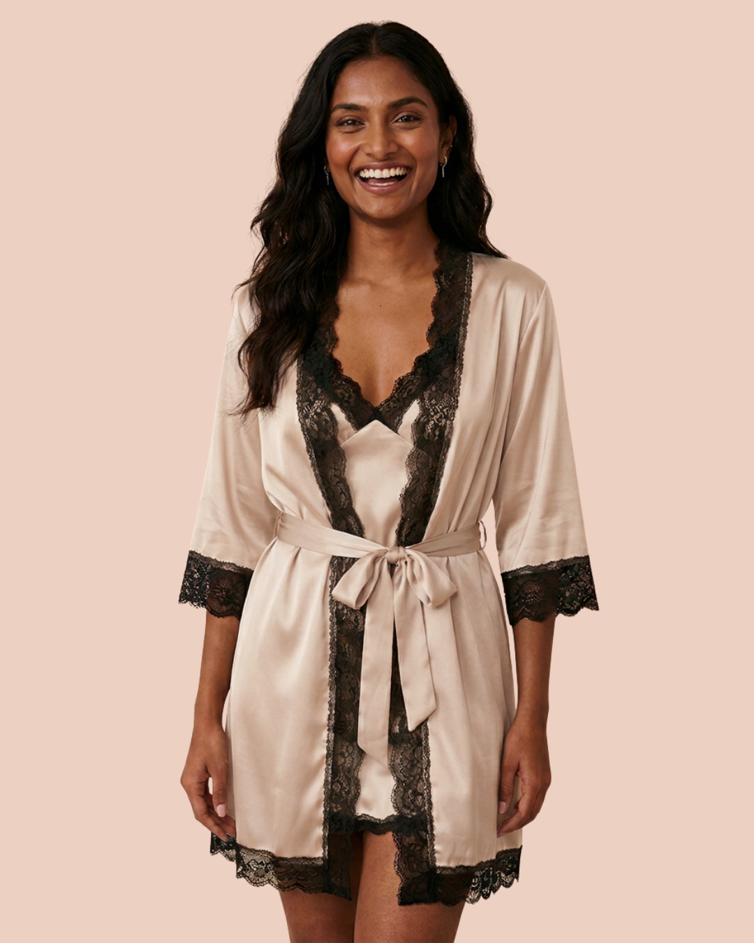 Noir four-piece bridal lingerie set, slip dress, sheer robe, camisole and shorts, in champagne, worn by a model, SHAPE