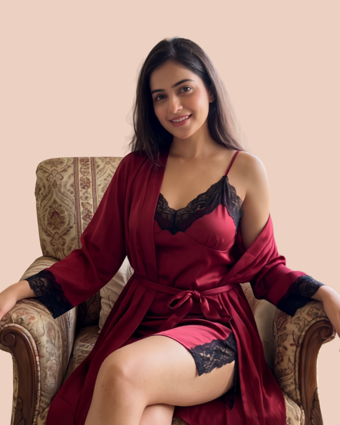 Noir four-piece bridal lingerie set, slip dress, sheer robe, camisole and shorts, in red, worn by a model, SHAPE
