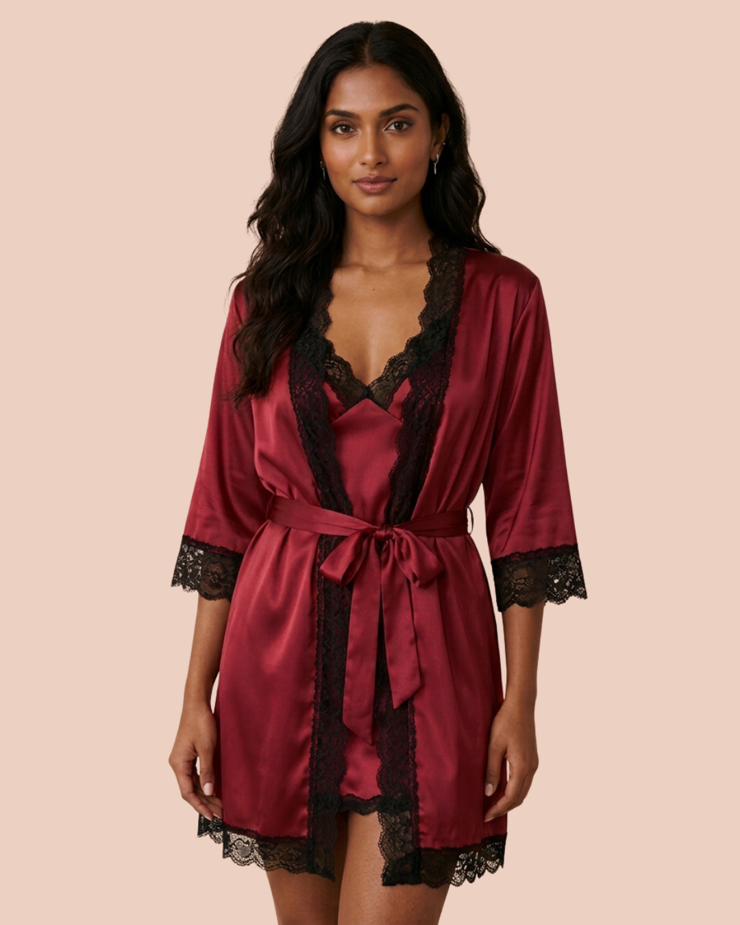 Noir four-piece bridal lingerie set, slip dress, sheer robe, camisole and shorts, in red, worn by a model, SHAPE