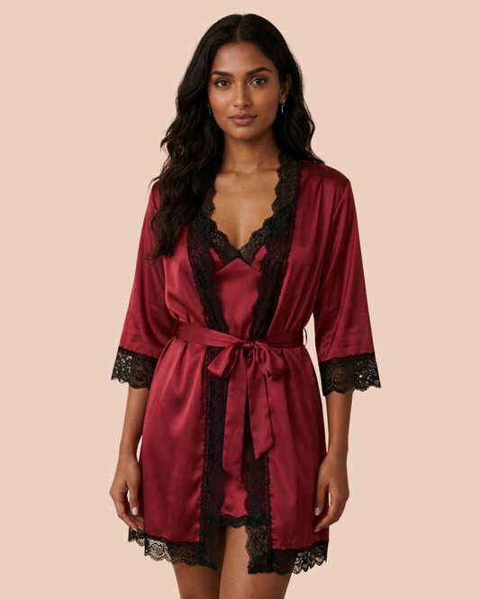 Noir four-piece bridal lingerie set, slip dress, sheer robe, camisole and shorts, in red, worn by a model, SHAPE