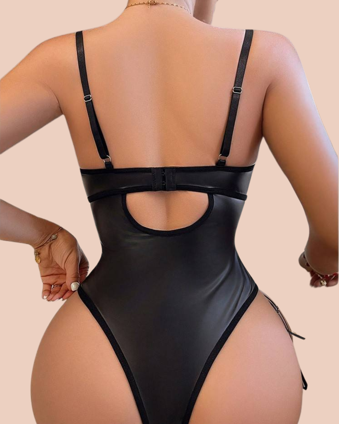 Noir lace-up corset bodysuit in Black with lacy cups and garter straps, worn by a model, SHAPE