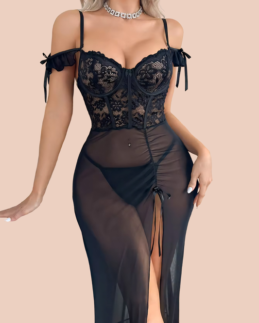 Corset Divine Fit Noir nightdress with sheer mesh skirt and wired cups, worn by a model, SHAPE