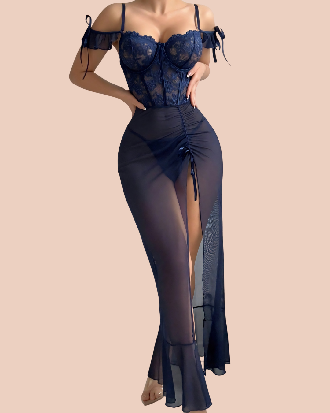Corset Divine Fit Noir nightdress with sheer mesh skirt and wired cups, worn by a model, SHAPE