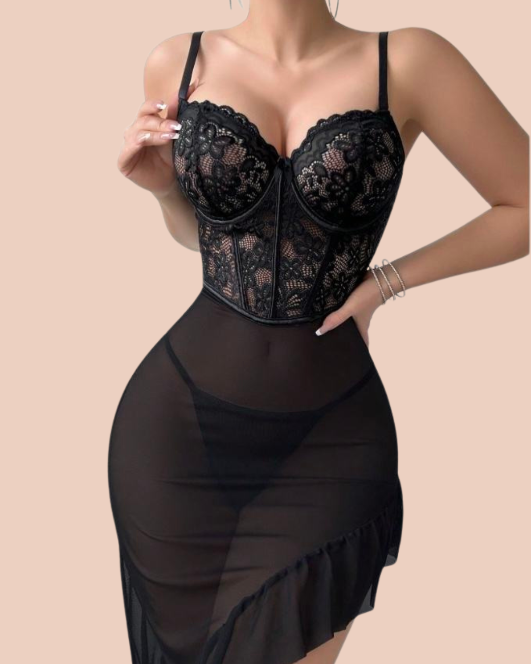 Noir long lace and mesh corset nightdress in black with matching lace panty, worn by a model, SHAPE