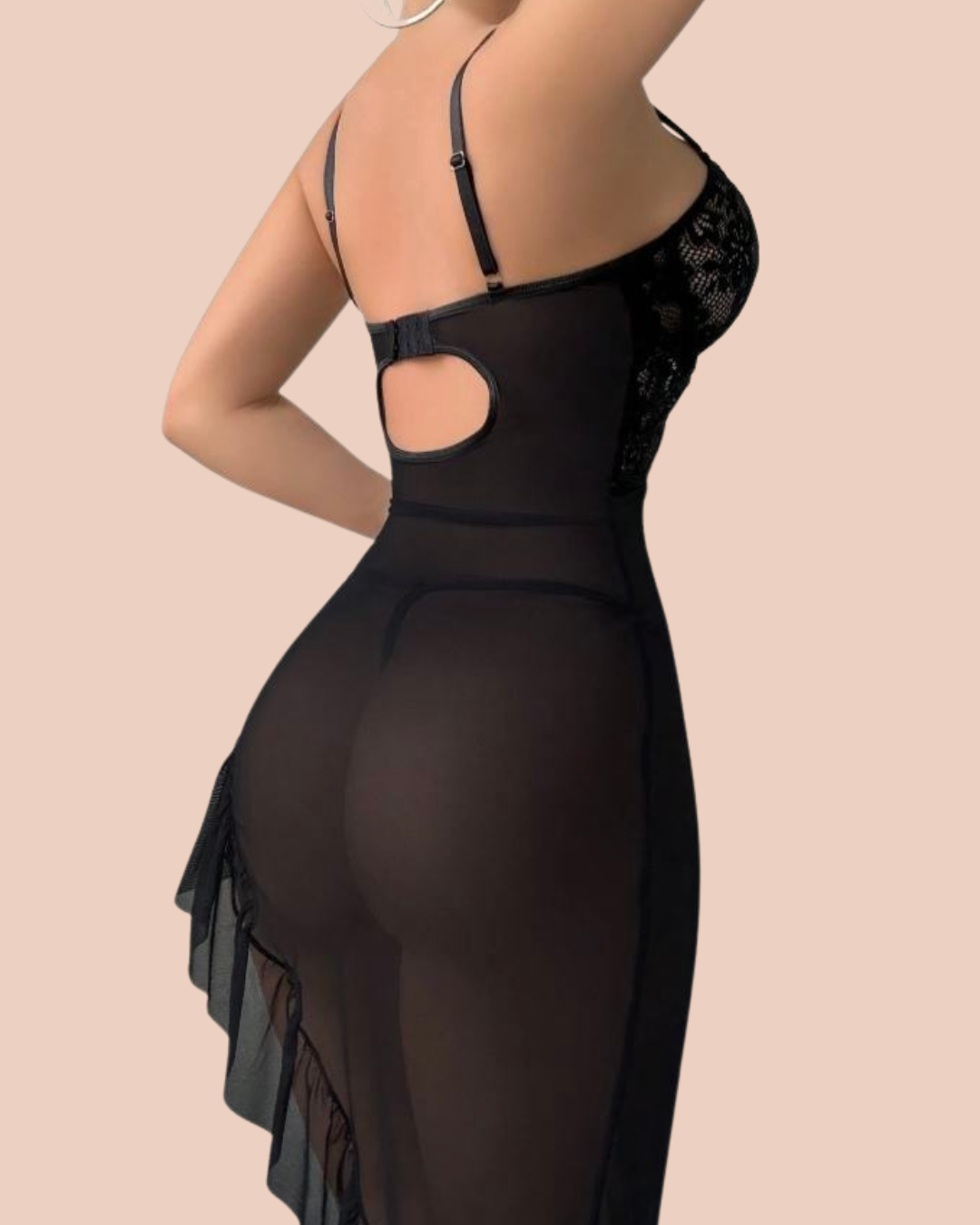 Noir long lace and mesh corset nightdress in black with matching lace panty, worn by a model, SHAPE