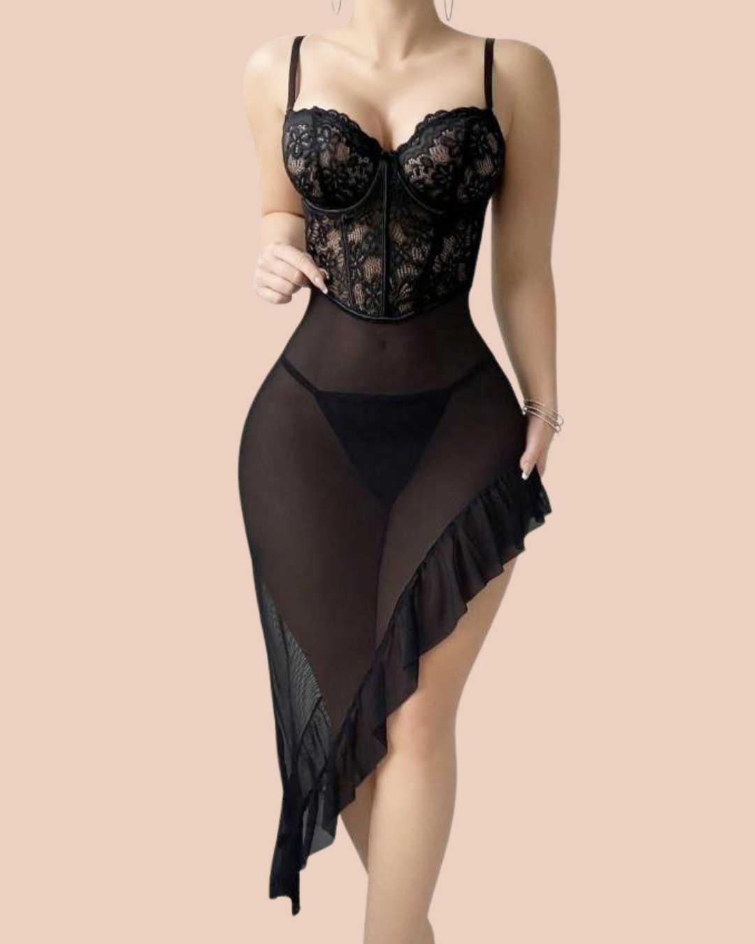 Noir long lace and mesh corset nightdress with matching lace panty, worn by a model, SHAPE