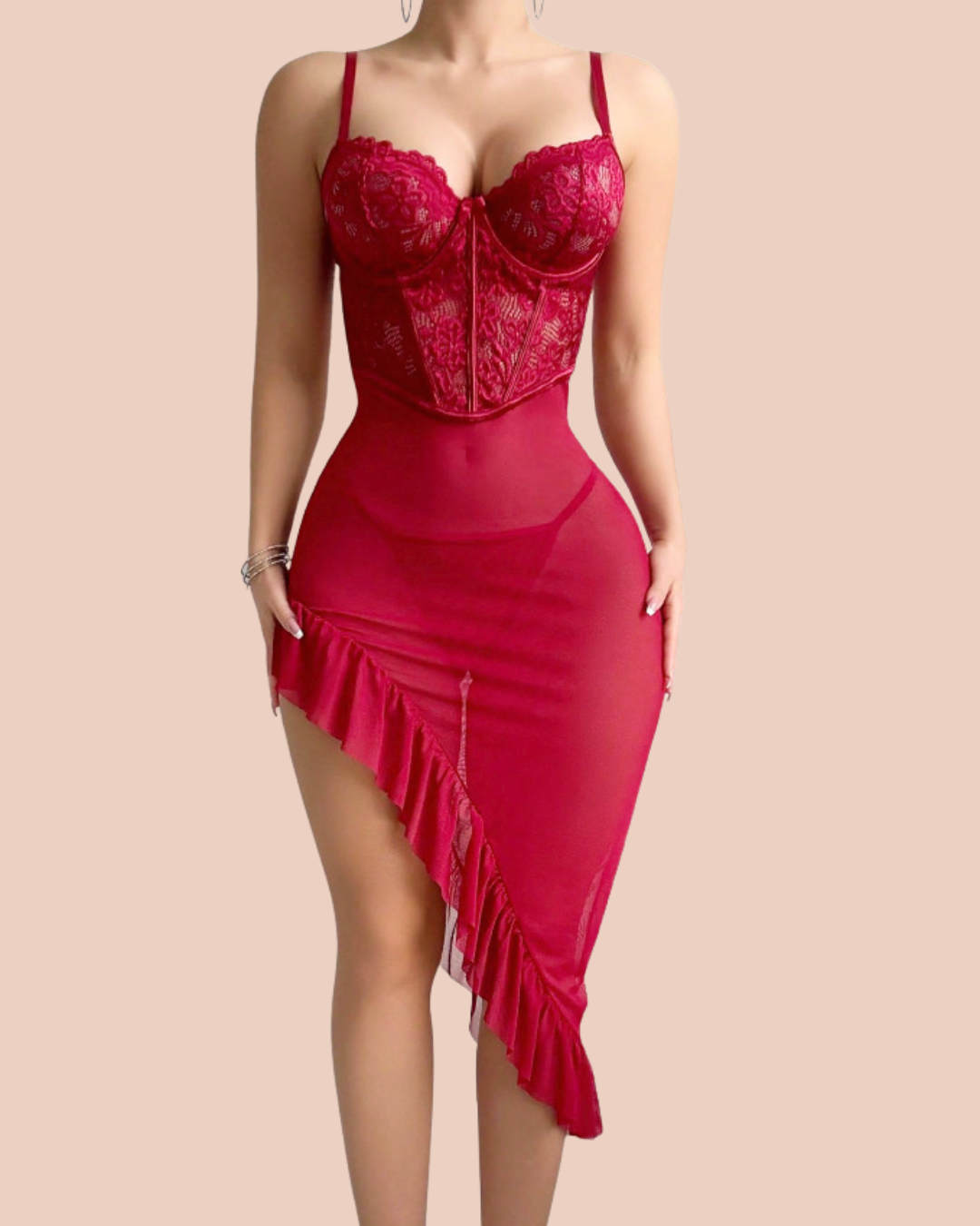 Noir long lace and mesh corset nightdress with matching lace panty, worn by a model, SHAPE