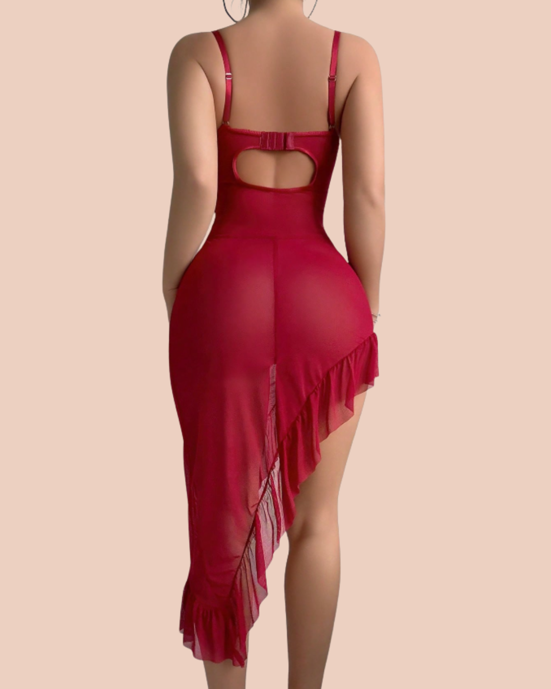 Noir long lace and mesh corset nightdress in red with matching lace panty, worn by a model, SHAPE