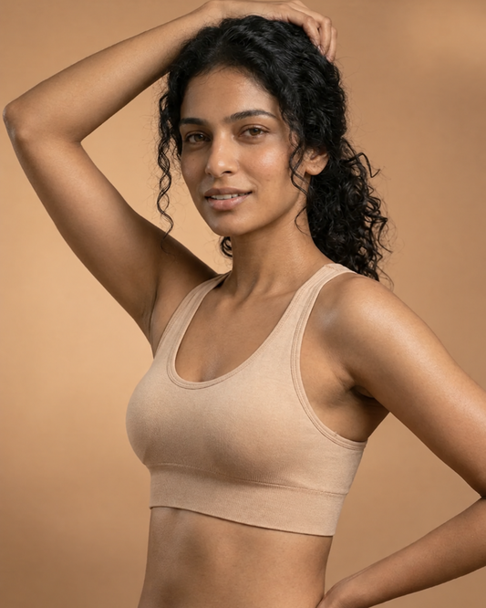 Easy Fit Sports Bra in Beige, front view, worn by a model, SHAPE Lingerie