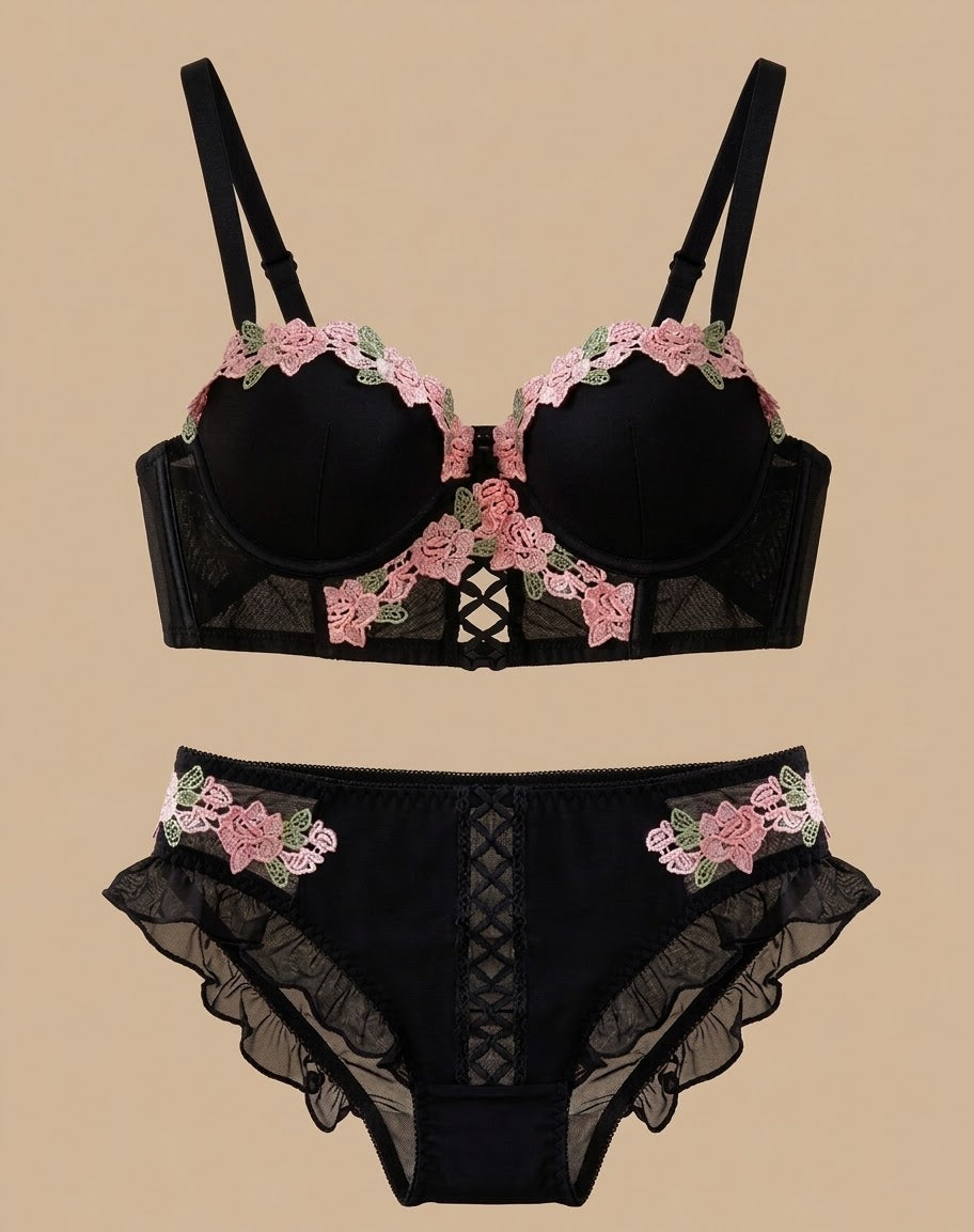 Flora Bra Set in black floral embroidery worn by a model — SHAPE Lingerie