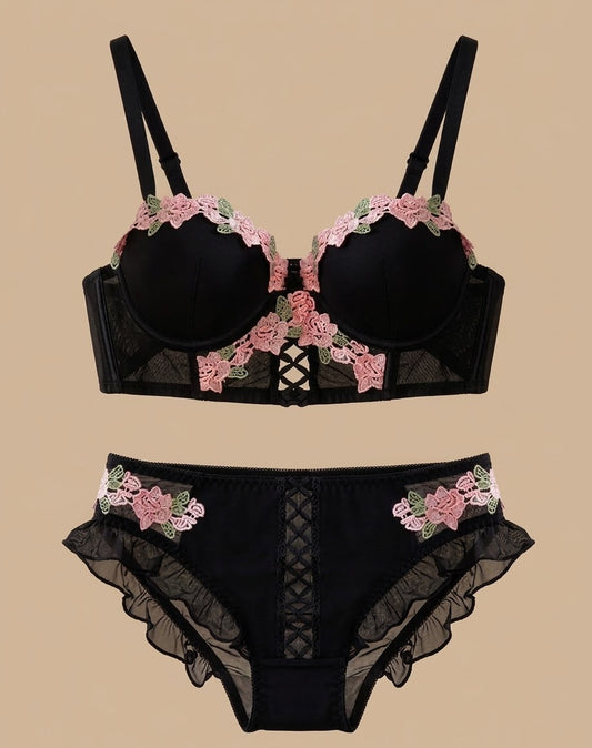 Floral Bra Set in black floral embroidery, worn by a model — SHAPE Lingerie