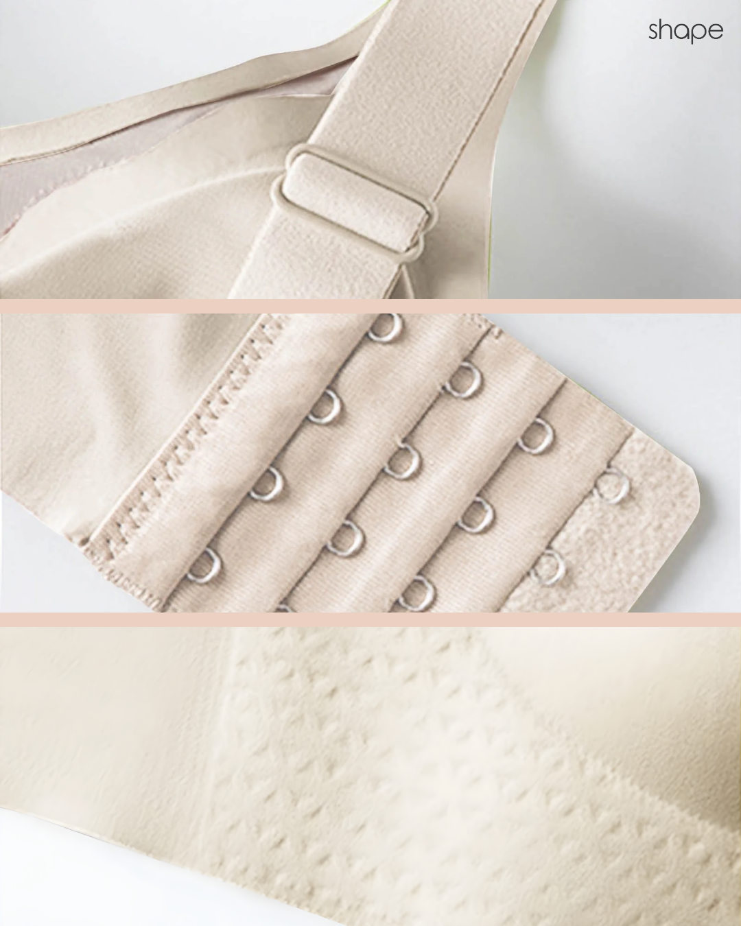 Strap, hook-and-eye closure and fabric detail of the GlowCut Seamless Bra in Beige, SHAPE