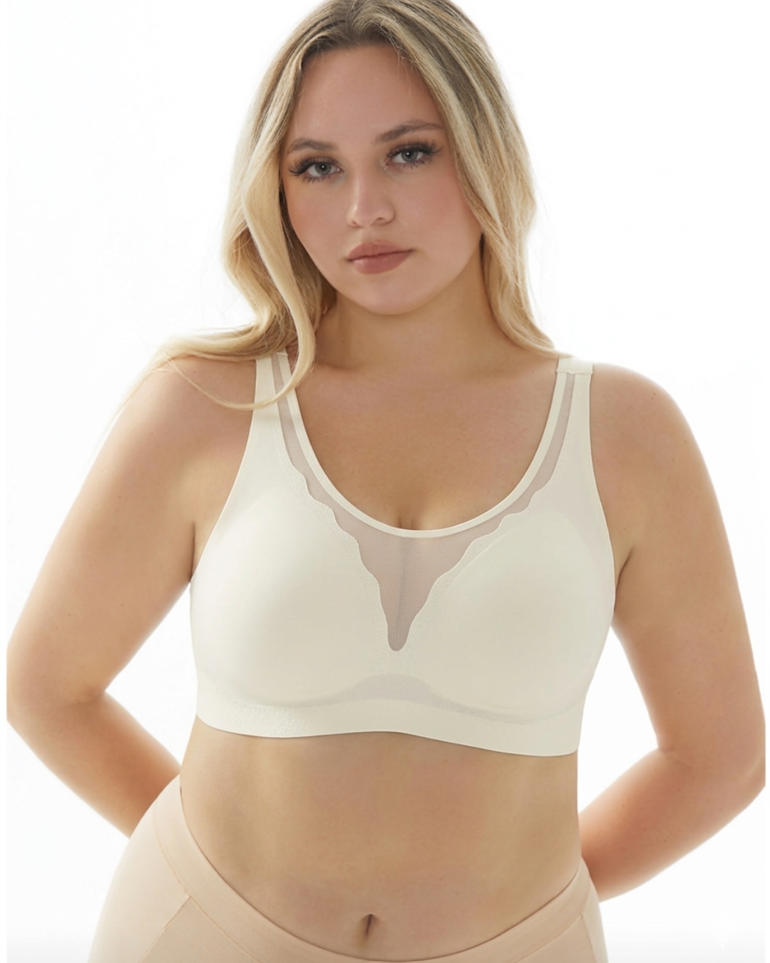 GlowCut Seamless Bra in Beige worn by a model, front view, SHAPE