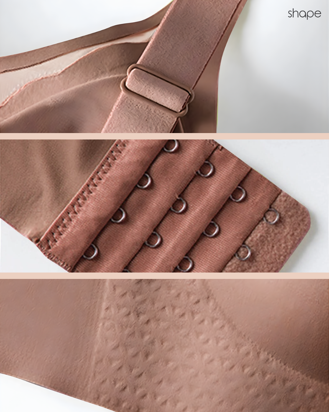 Strap, hook-and-eye closure and fabric detail of the GlowCut Seamless Bra in Brown, SHAPE