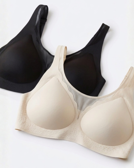 GlowCut Seamless Bra in Midnight Black and Beige, flat lay, SHAPE