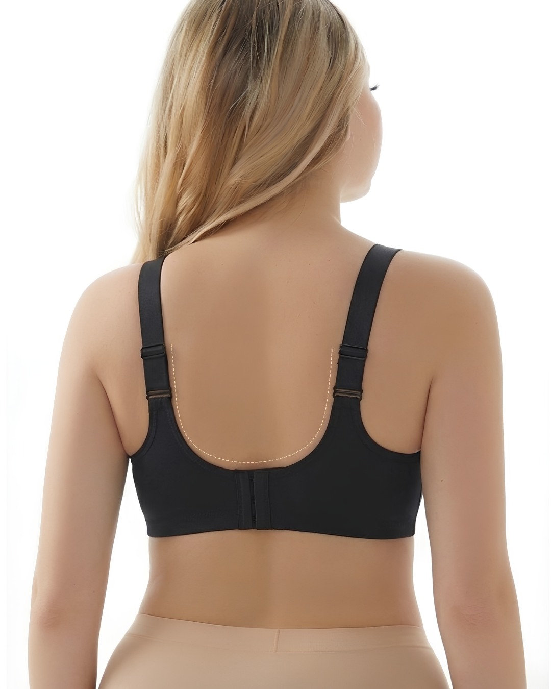 GlowCut Seamless Bra in Midnight Black worn by a model, back view, SHAPE