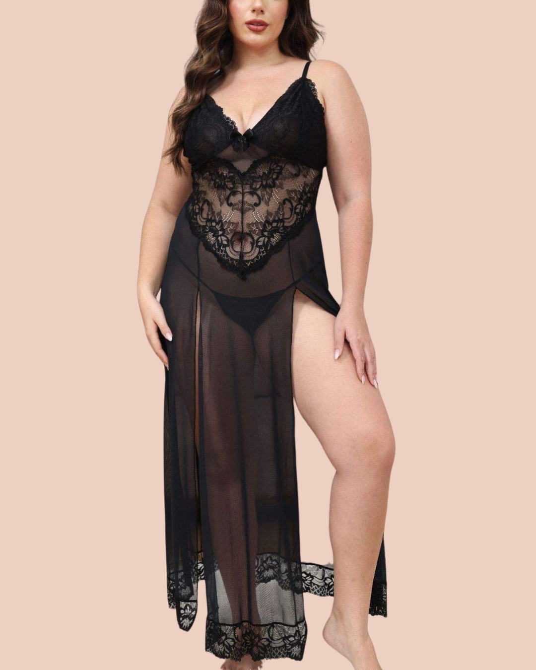 Noir lace nightdress for curvy figures with matching lace panty, worn by a model, SHAPE