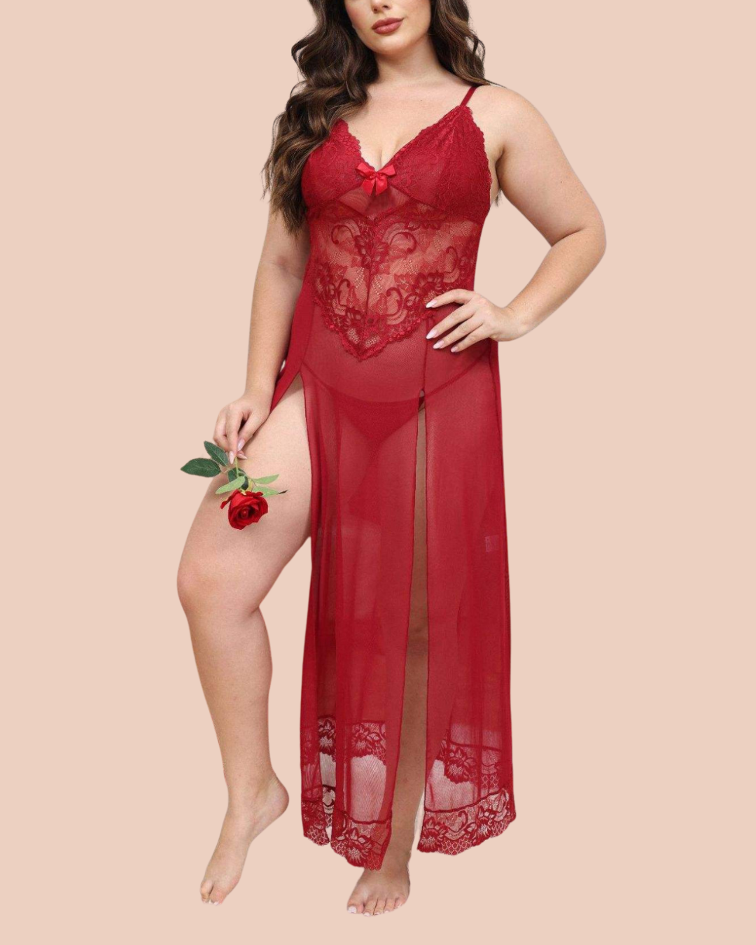 Noir lace nightdress for curvy figures in red with matching lace panty, worn by a model, SHAPE