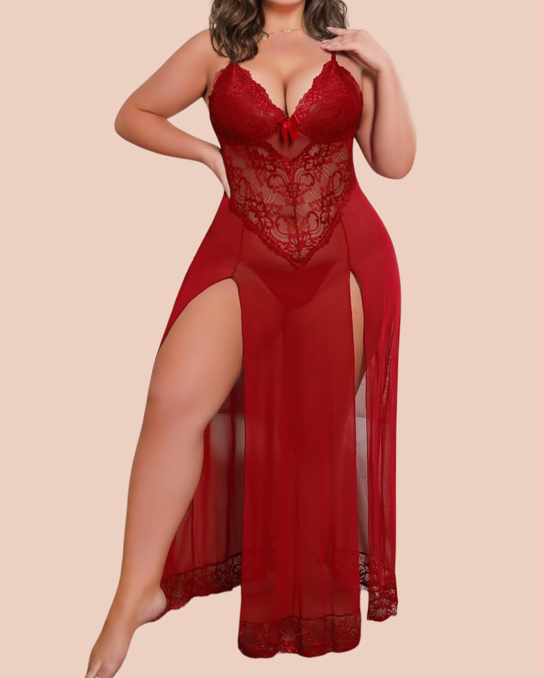 Noir lace nightdress for curvy figures in red with matching lace panty, worn by a model, SHAPE