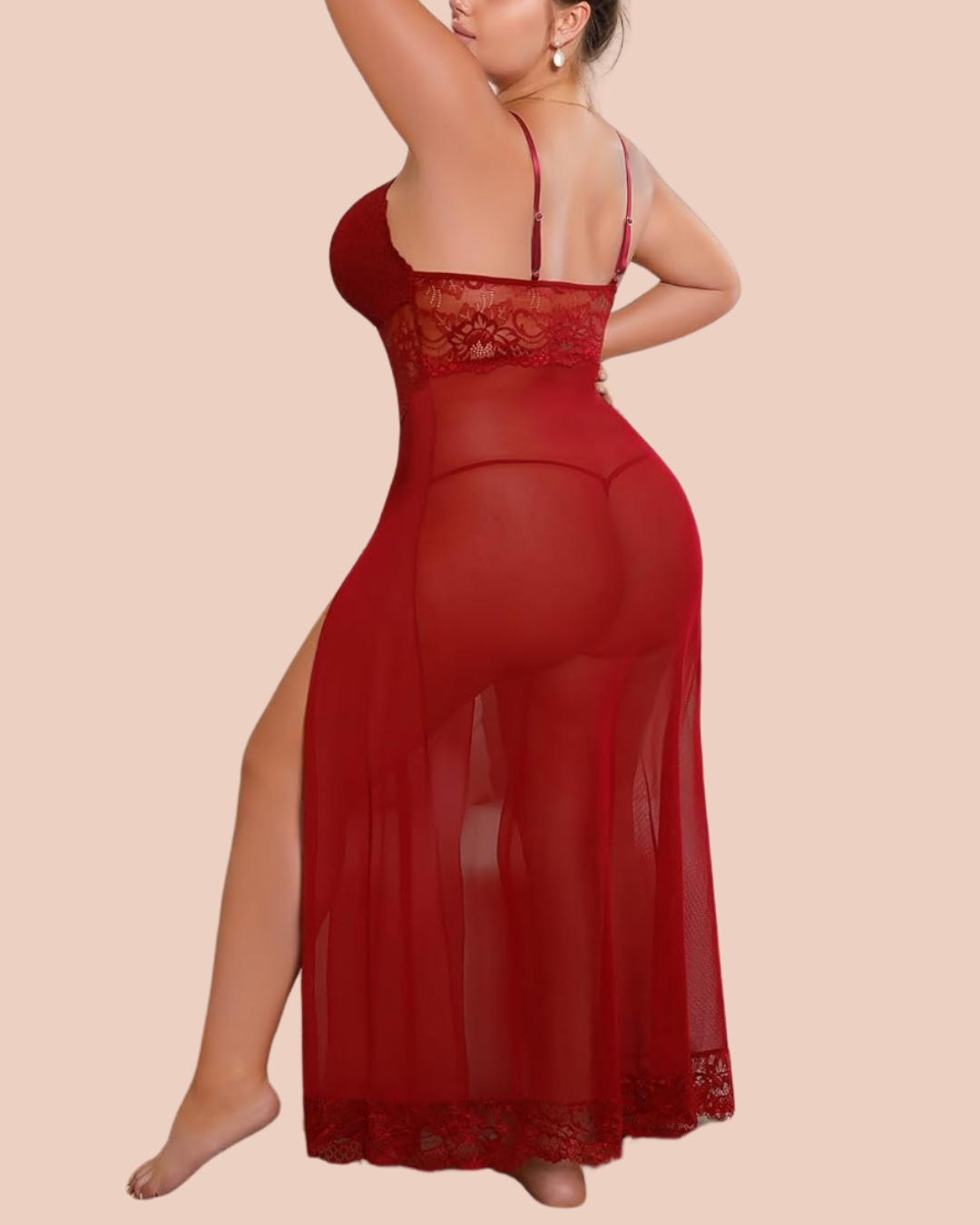 Noir lace nightdress for curvy figures in red with matching lace panty, worn by a model, SHAPE