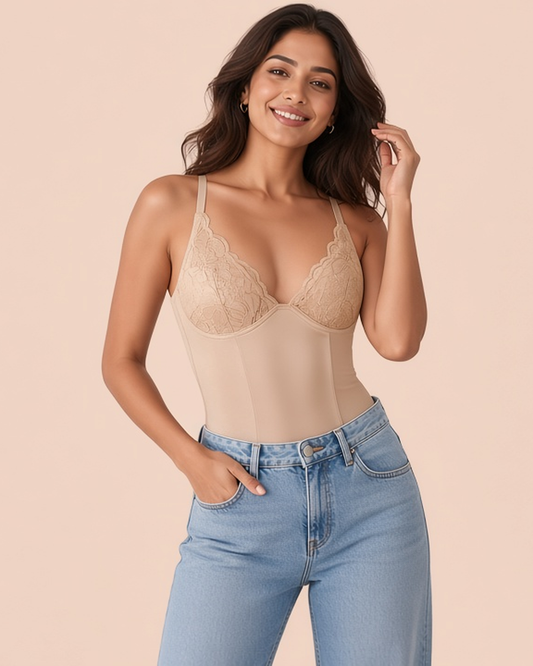 Lace Sculpt Bodyshaper in Beige, worn with jeans, shown on a model, SHAPE Lingerie