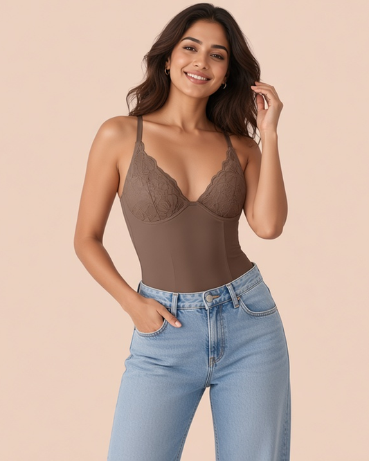 Lace Sculpt Bodyshaper in Coffee, worn with jeans, shown on a model, SHAPE Lingerie