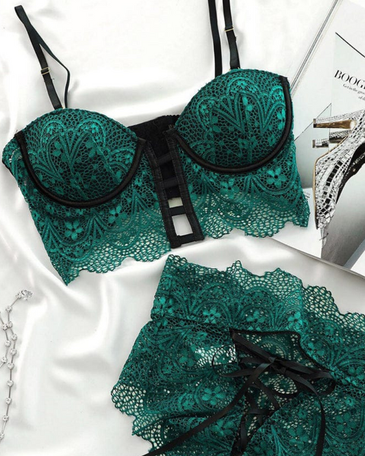 Noir lace bralette and panty set in Green, worn by a model, SHAPE