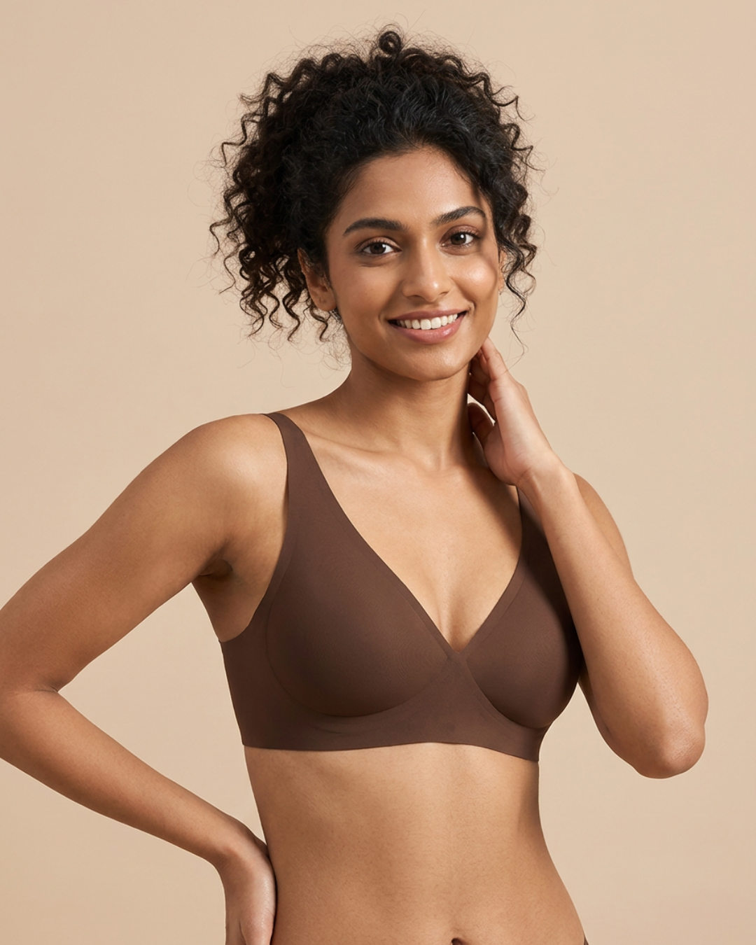Plunge Lite Bra in Brown, worn by a model — SHAPE Lingerie