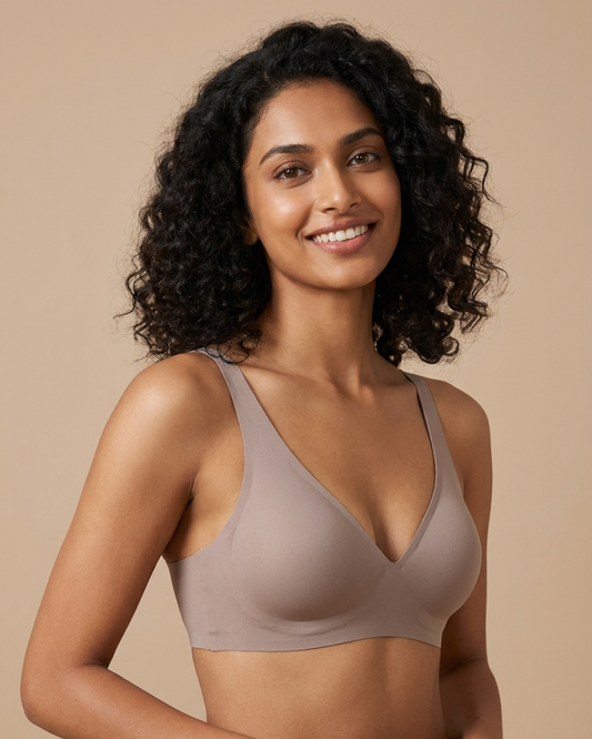 Plunge Lite Bra in Coffee, worn by a model — SHAPE Lingerie