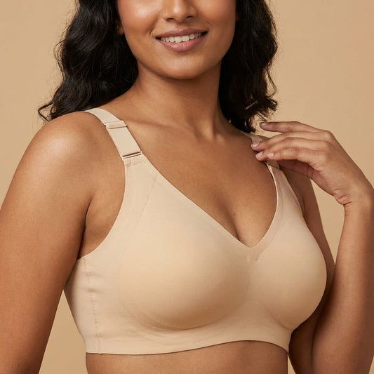 Model wearing SHAPE Plus Size Sculpting Bra in Coffee