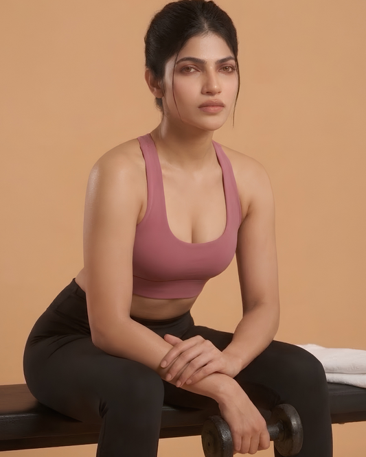 Power Sculpt Sports Bra in Pink, worn by a model seated with a dumbbell, SHAPE Lingerie