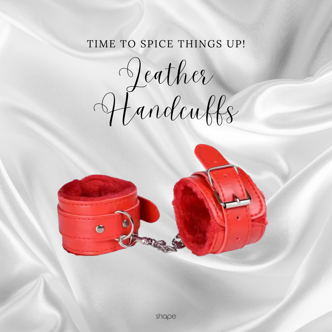 Leather Handcuffs in Red, detail view — SHAPE Lingerie