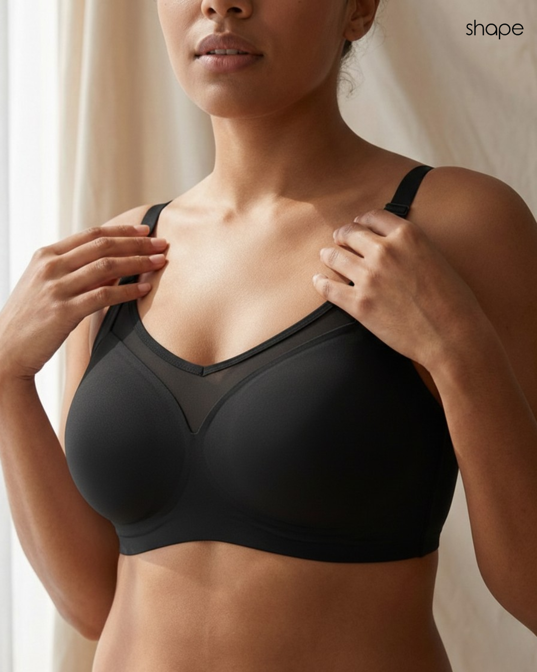 Mesh Minimizer Bra in Black, worn by a model — SHAPE Lingerie