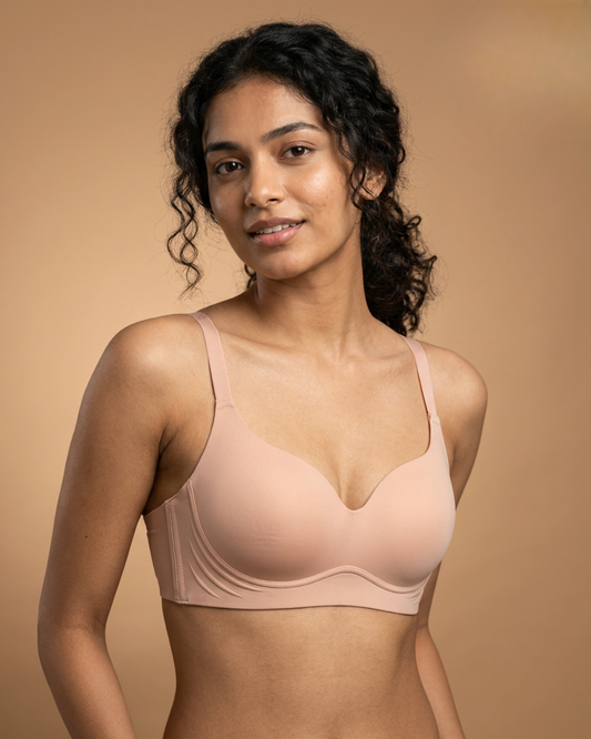 Seamless T-Shirt Bra in Beige, worn by a model, front view — SHAPE Lingerie