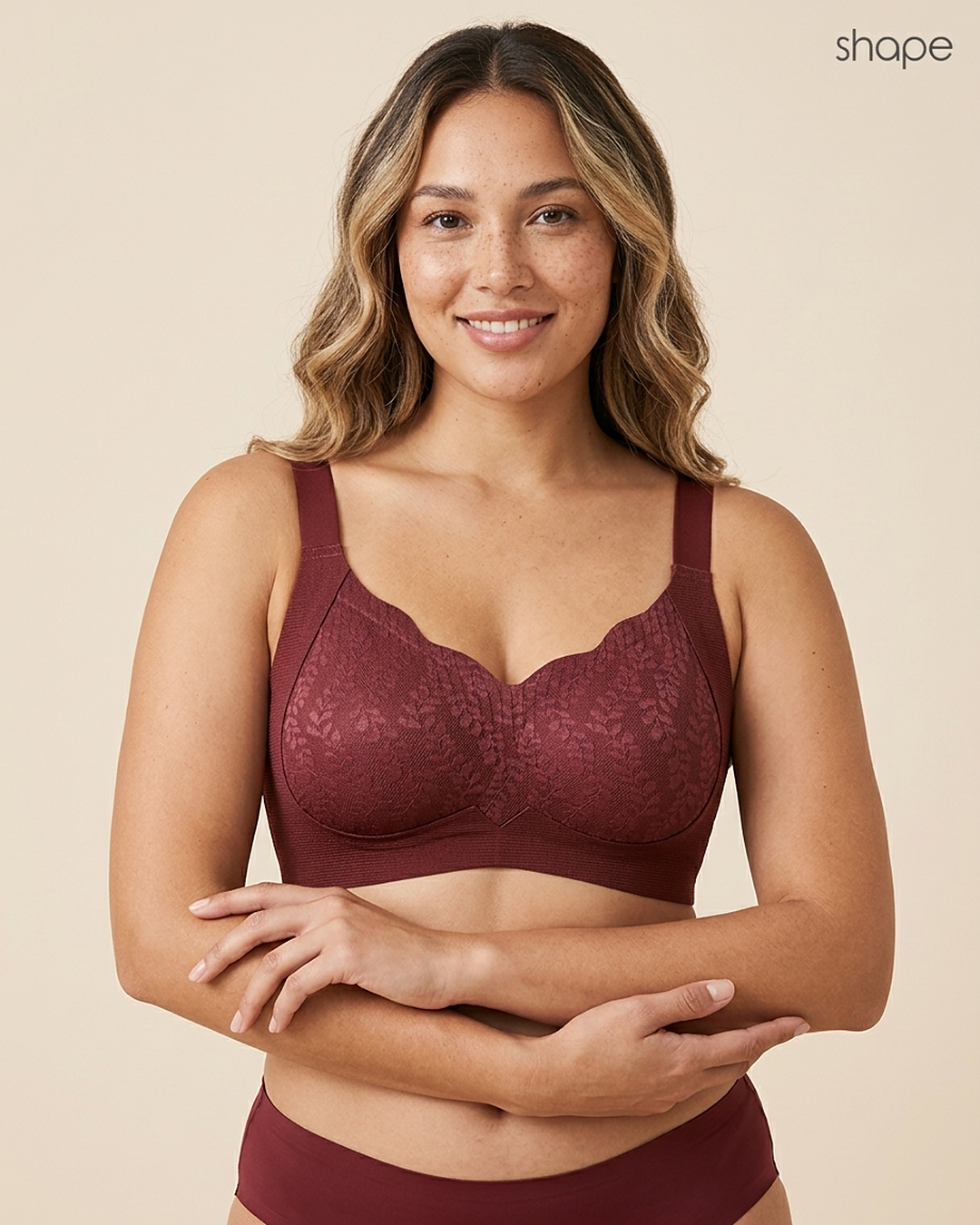 Sure Cover Bra in Maroon, front view, worn by a model, SHAPE Lingerie