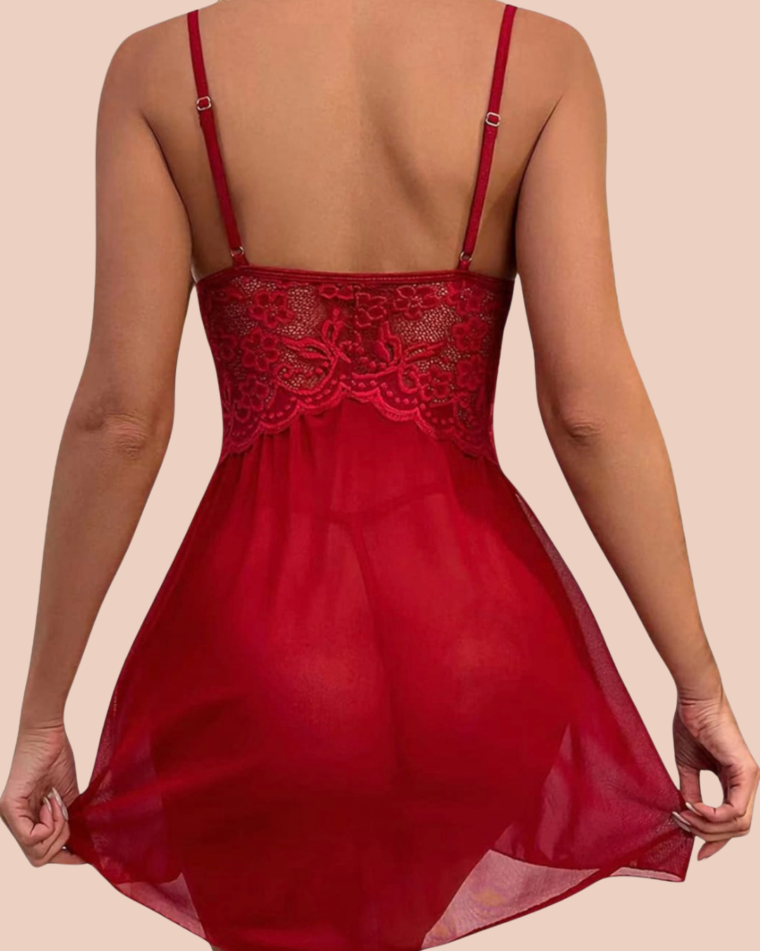 Noir sheer lace and mesh deep-V nightdress in red with matching thong, worn by a model, SHAPE
