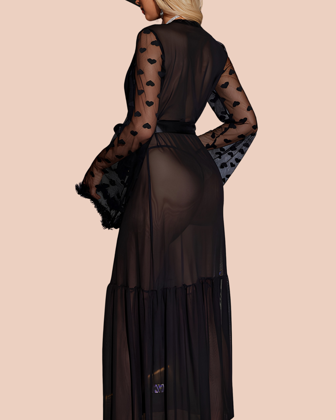 Noir sheer lace robe with heart-lace trim, feather cuffs and satin tie waist, worn by a model, SHAPE